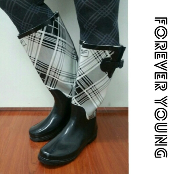 Women Tall Rain boots, #1418, Black White Plaid - Picture 1 of 4